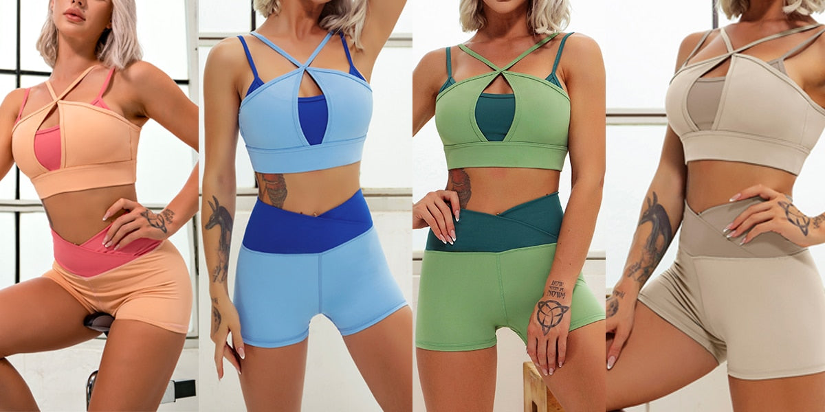 Layered Look Long Sleeve Yoga Crop Top Wrap V Waist Leggings Layered Cut Out Sports Bra Contrast Waist Shorts The Clothing Company Sydney