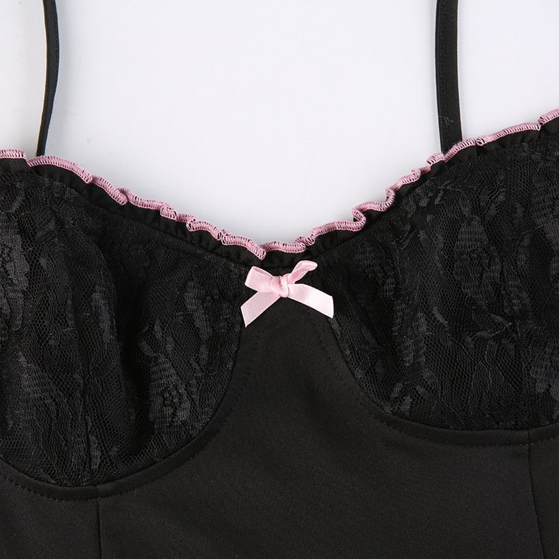 Y2K Retro Lace Patchwork Strap Bow Black Dress Mini Fashion Aesthetic Bow Club Party Dresses for Women Outfits The Clothing Company Sydney