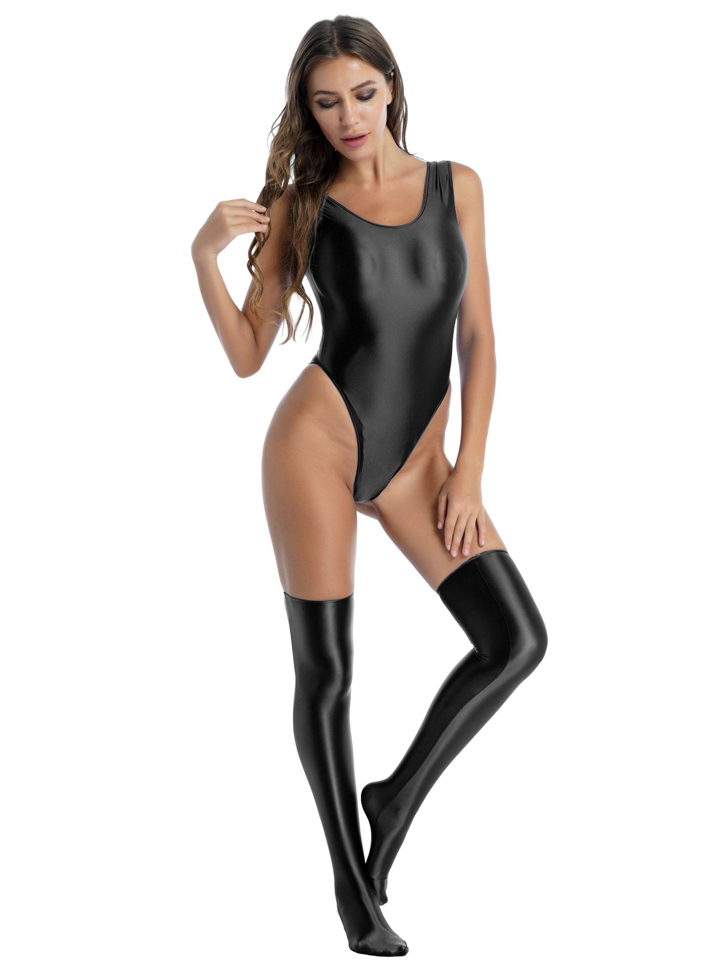 Women's Glossy Stretchy Swimming Suit Swimwear Swimsuit Sleeveless High Cut Slim Fit Bodysuit with Stocking Outfits Clubwear The Clothing Company Sydney