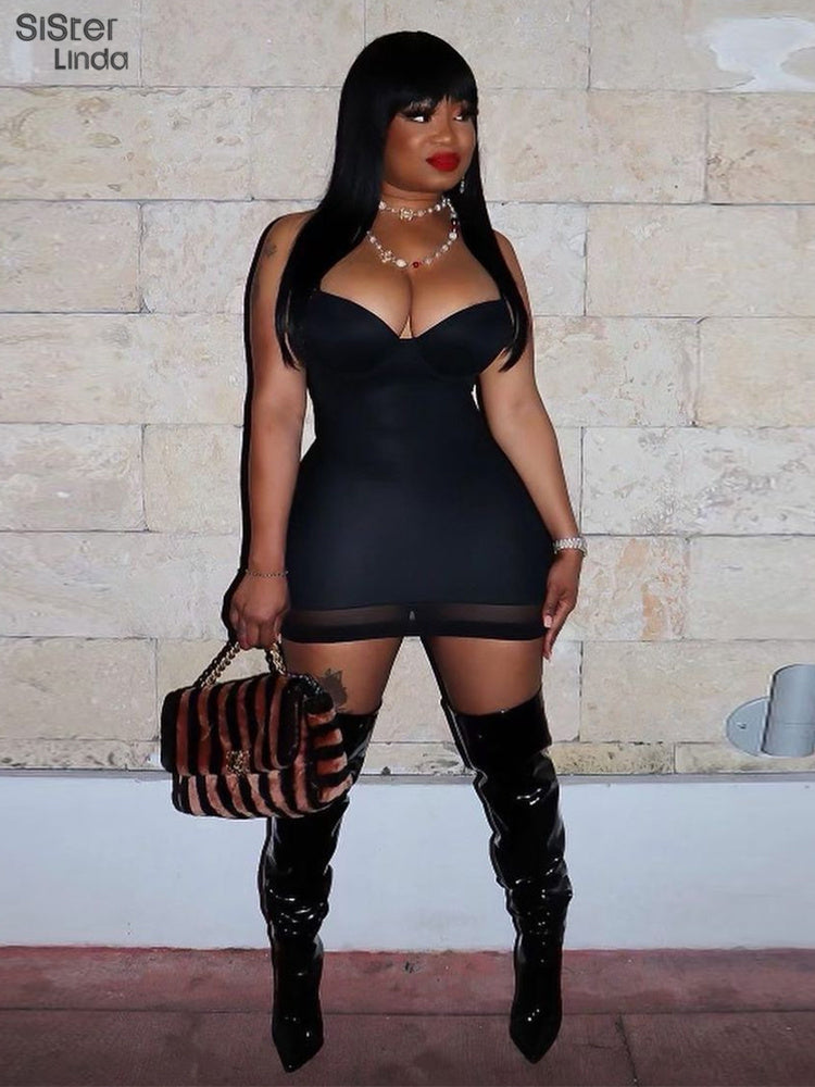 Casual Mesh Bodycon Mini Dress Women Romper  Sleeveless Skinny Stretchy Deep V Neck Party Clubwear Trend Outfit The Clothing Company Sydney