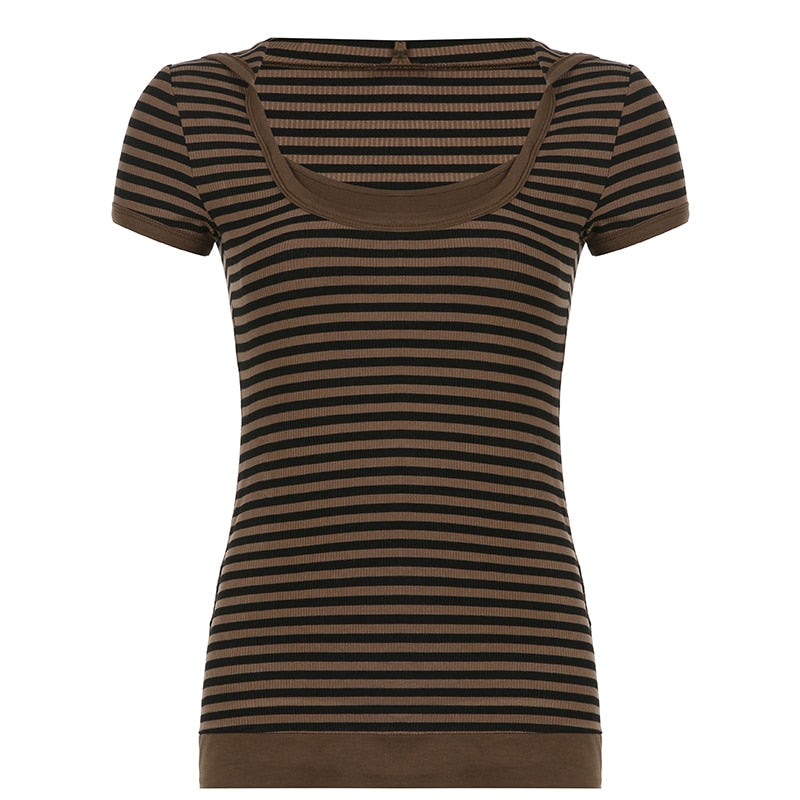 Y2K Striped Crop Top Hooded Short Sleeve T Shirt Women's Cute Retro Brown Summer Tee Casual Tshirt The Clothing Company Sydney