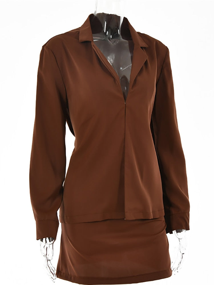 Turn-down Collar Button Two Piece Set Brown Long Sleeve Top High Waist Skirt Women Autumn Slim Office Outfits The Clothing Company Sydney