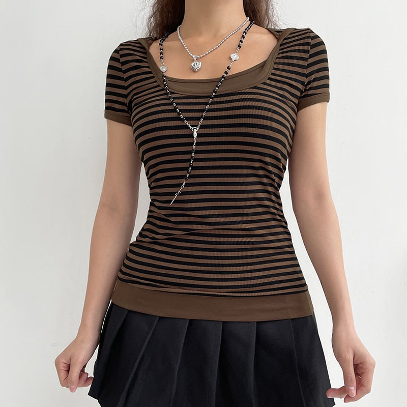 Y2K Striped Crop Top Hooded Short Sleeve T Shirt Women's Cute Retro Brown Summer Tee Casual Tshirt The Clothing Company Sydney