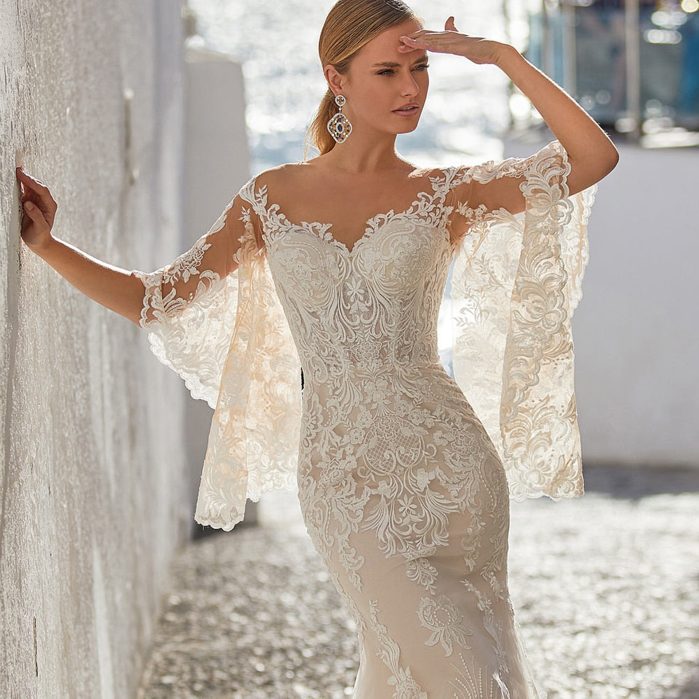 Charming Mermaid Wedding Sheer Neck Lace Bridal Gown with Flare Sleeves Custom Made Champagne Bride Dress The Clothing Company Sydney