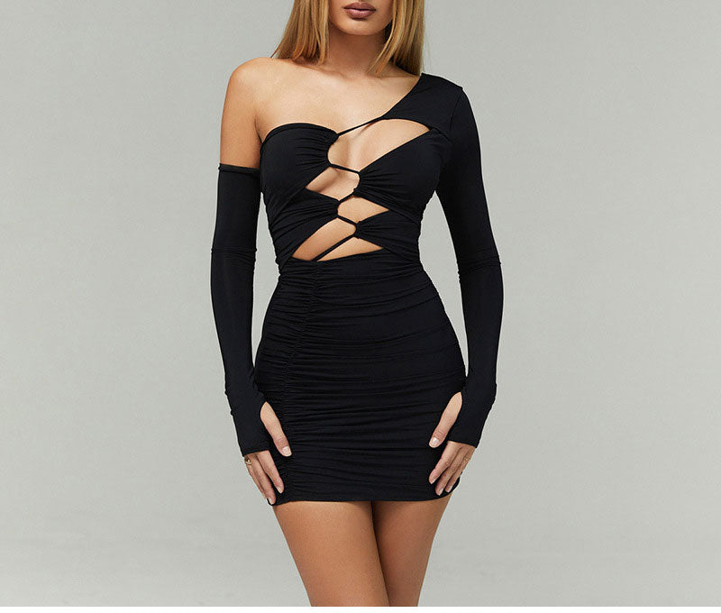 One Shoulder Bandage Bodycon Dress Long Sleeve Cut Out Mini Black Party Dresses Club Wear The Clothing Company Sydney
