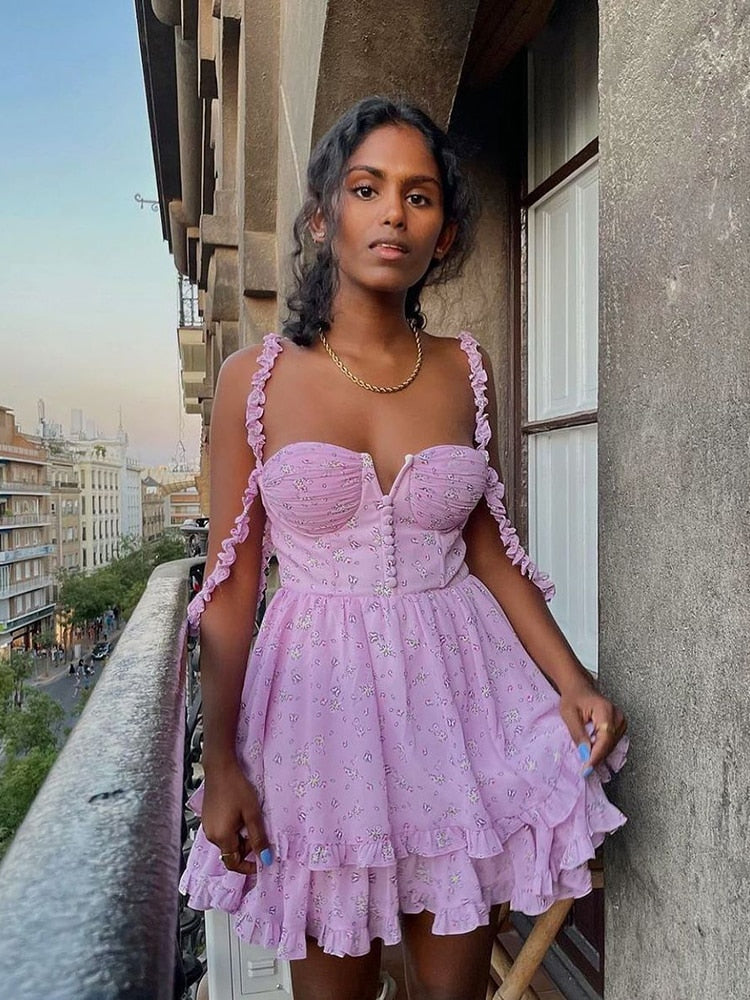 Ruffle Mini Dresses Floral Print Purple Button Sleeveless Y2K Women Casual Fashion Elegant Party Dresses The Clothing Company Sydney