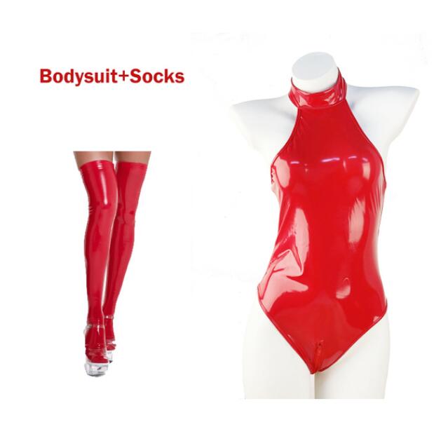 PU Leather Lingerie Glossy Leather Bodysuits with Socks Gloves Women Wet Look Latex Catsuit Exotic Zip Open Crotch Costumes The Clothing Company Sydney