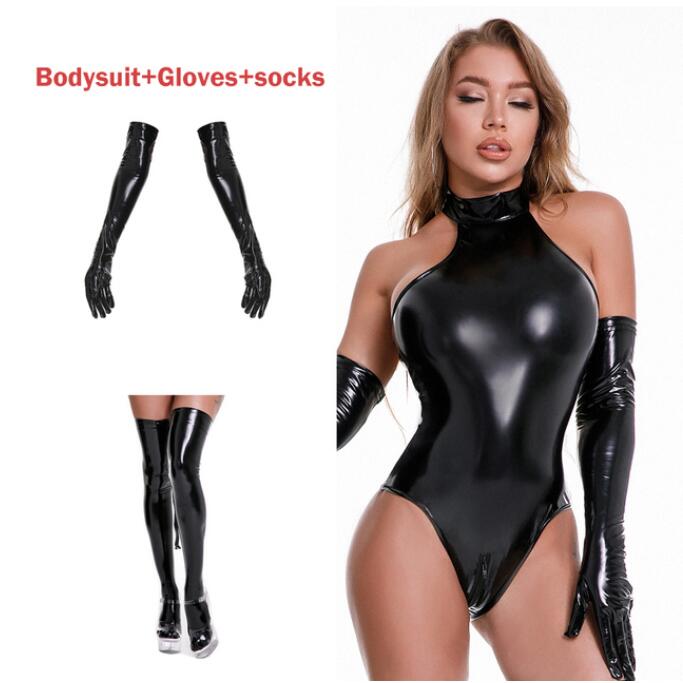PU Leather Lingerie Glossy Leather Bodysuits with Socks Gloves Women Wet Look Latex Catsuit Exotic Zip Open Crotch Costumes The Clothing Company Sydney