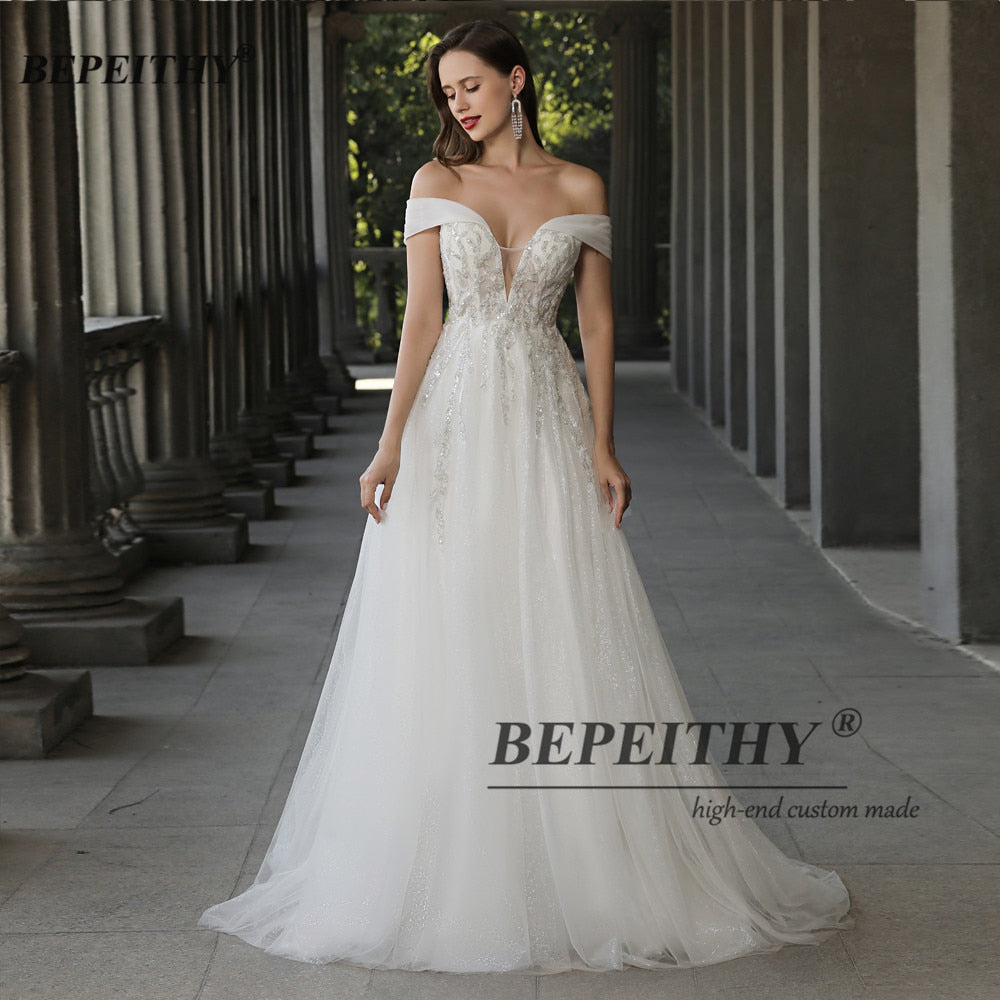 Off The Shoulder Ivory Boho Wedding Dresses A Line Chic Beading Lace UK Bride Bridal Gown The Clothing Company Sydney