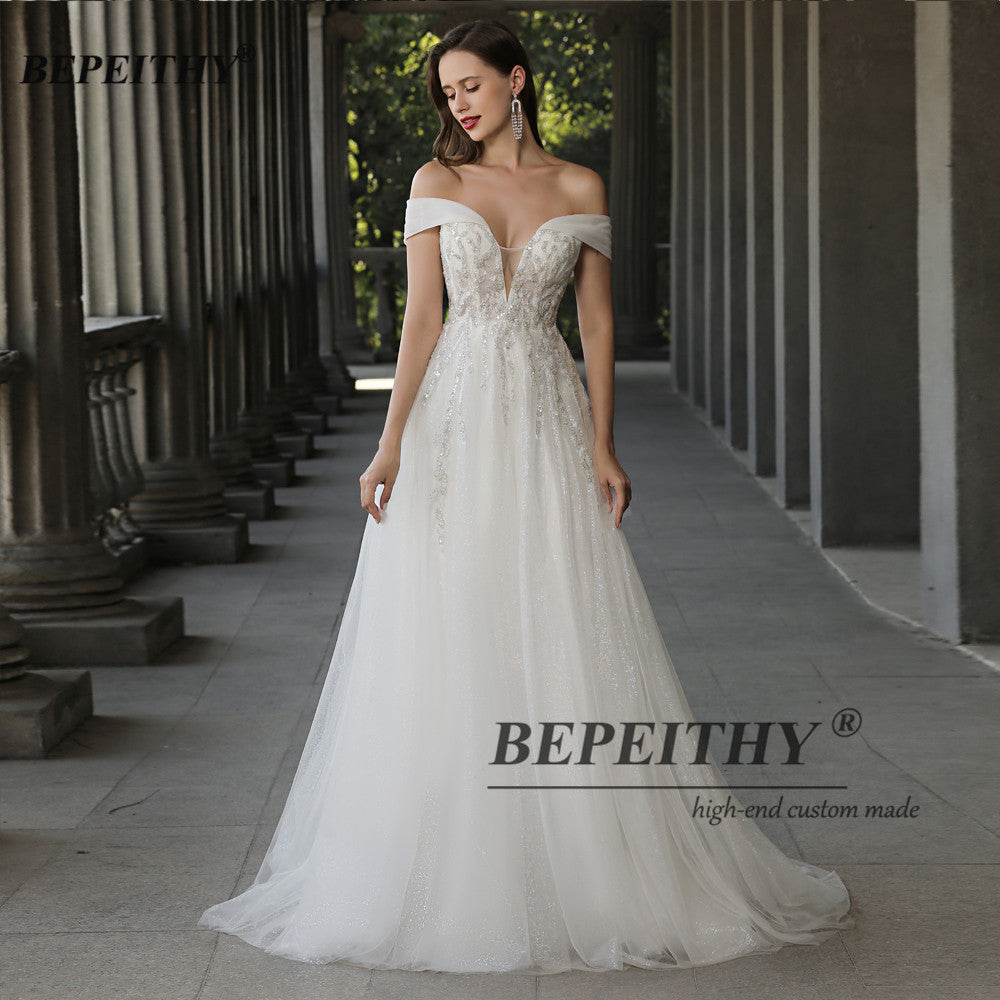 Off The Shoulder Ivory Boho Wedding Dresses A Line Chic Beading Lace UK Bride Bridal Gown The Clothing Company Sydney