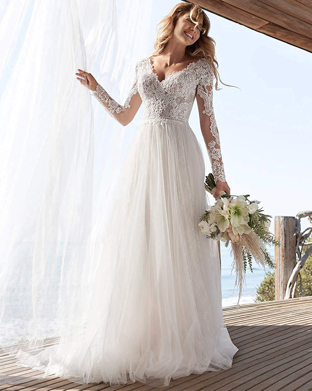 A Line Long Sleeves Wedding Dresses Lace Bridal Gowns Tulle Ivory Open Back Wedding Dress The Clothing Company Sydney