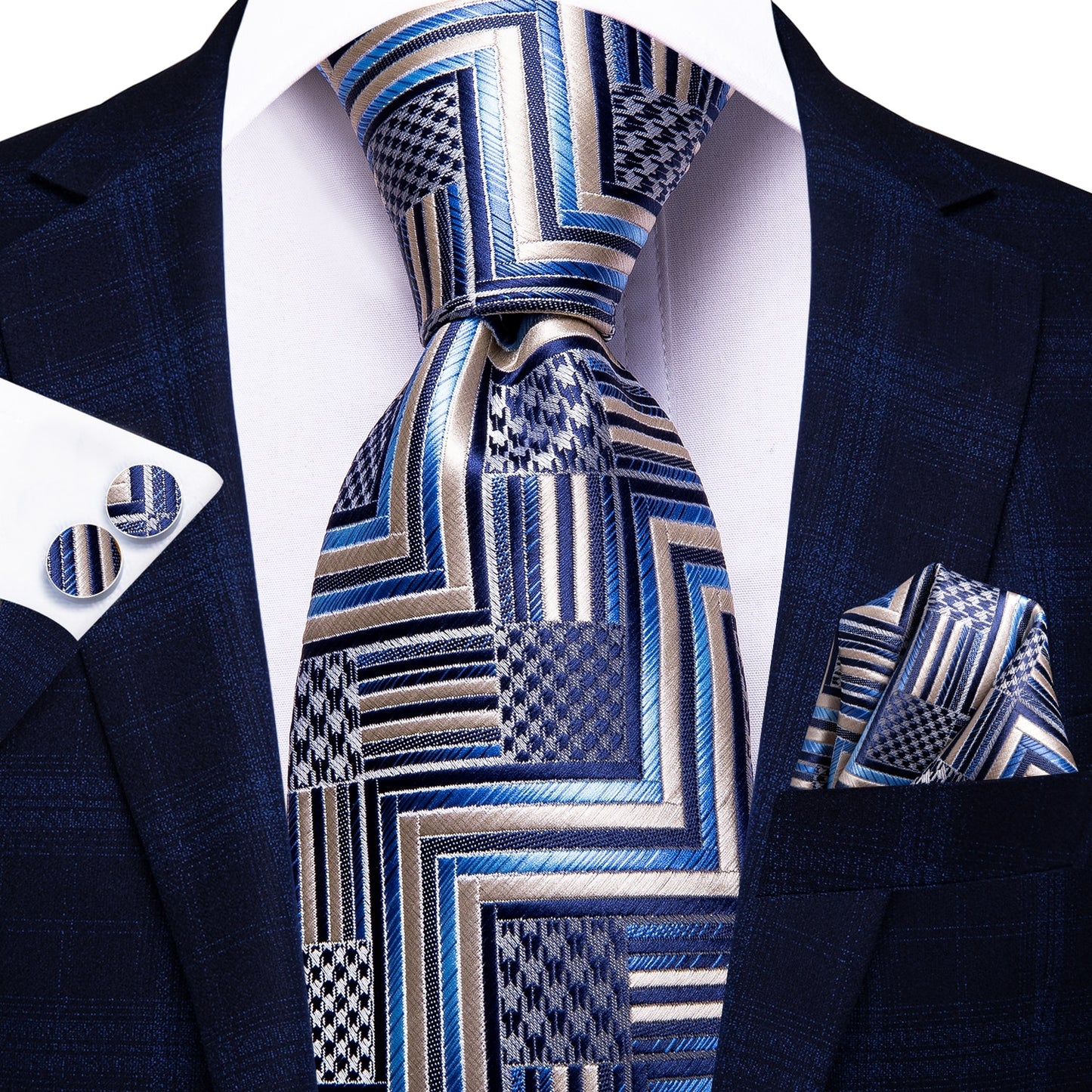 3 Piece Business Classic Blue Black Striped Solid Neck Tie Necktie Pocket Square Cufflinks Wedding Party Silk Tie Set The Clothing Company Sydney