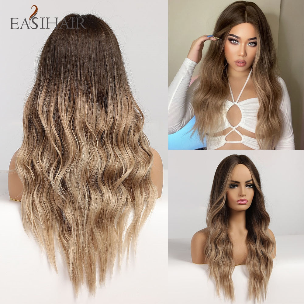 Ombre Brown Light Blonde Platinum Long Wavy Middle Part Hair Wig Cosplay Natural Heat Resistant Synthetic Wig for Women The Clothing Company Sydney