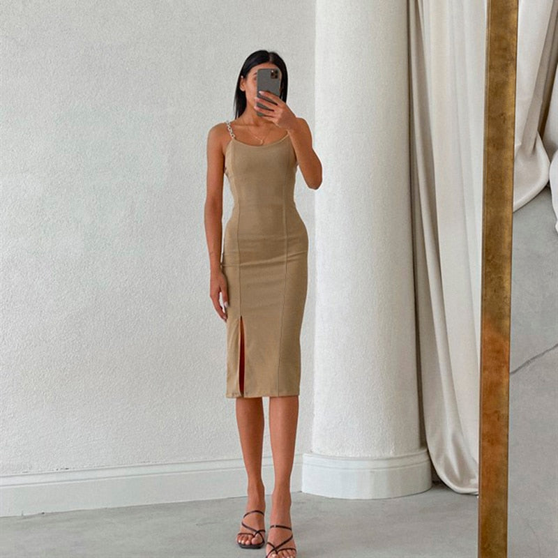 Elegant Chain Strapless Sleeveless Solid Basic Split Knee-Length Bodycon Summer Young Style Dress The Clothing Company Sydney