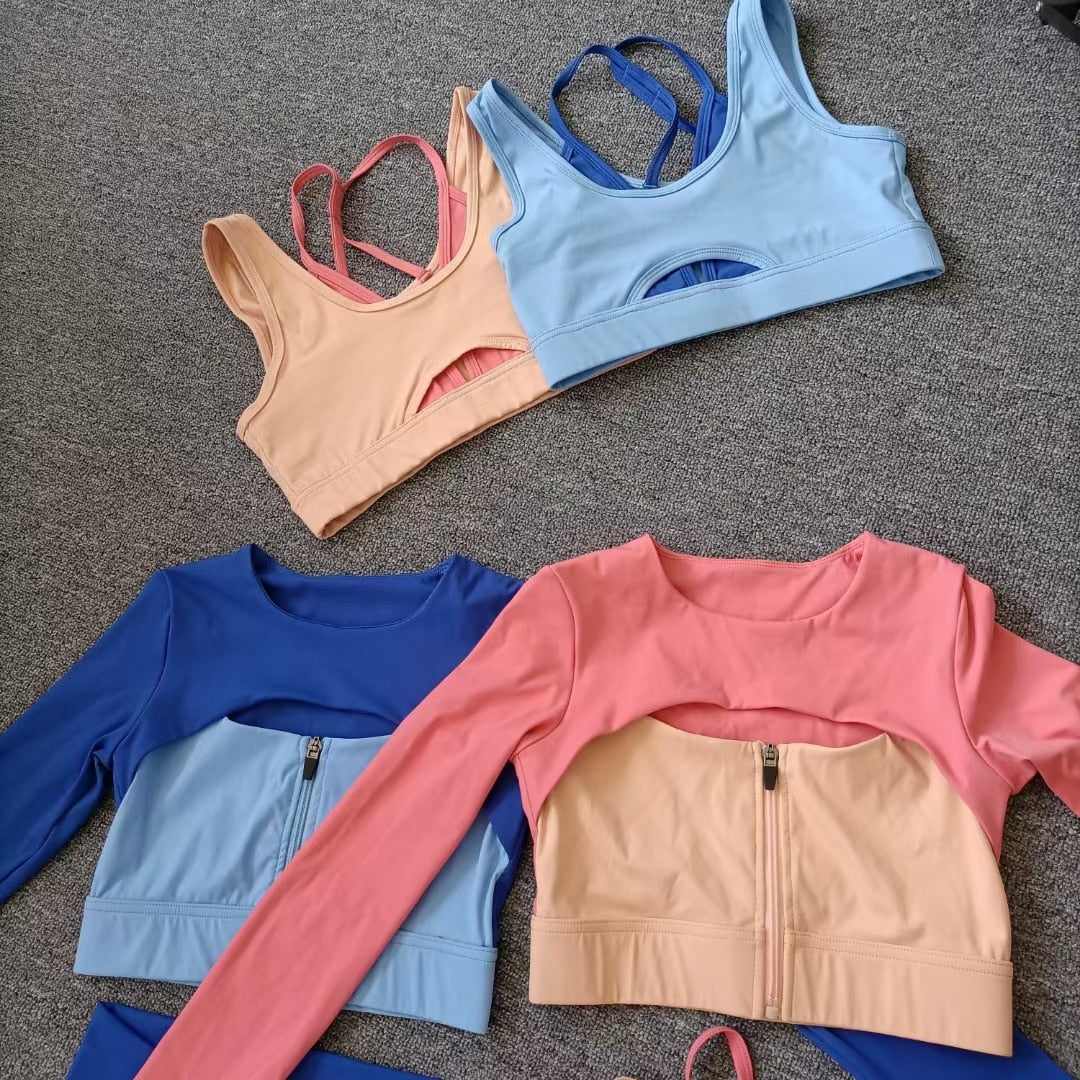 Layered Look Long Sleeve Yoga Crop Top Wrap V Waist Leggings Layered Cut Out Sports Bra Contrast Waist Shorts The Clothing Company Sydney