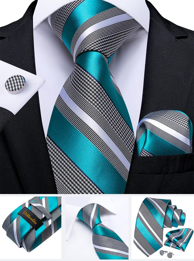 Classic 100% Silk Men's Ties 8cm Blue Plaid Dot Striped Business Necktie Handkerchief Wedding Party Tie Set The Clothing Company Sydney