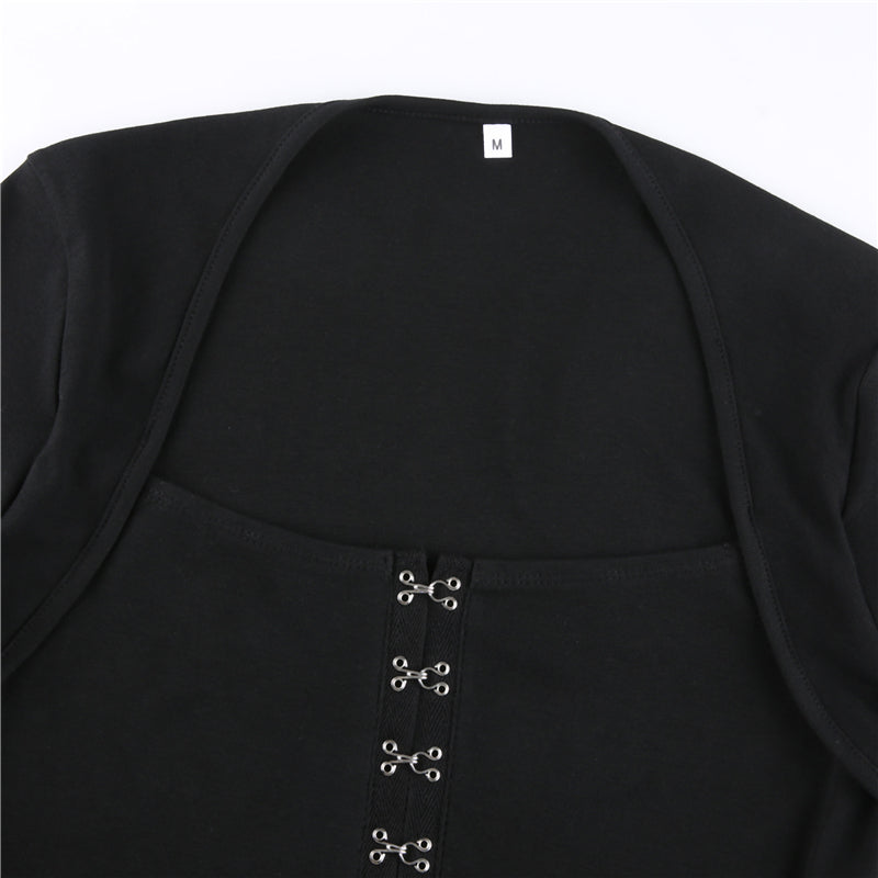 Streetwear Square Neck Hook Cotton Aututmn T-shirts Bodycon Gothic White Crop Tops Tees Long Sleeve T shirt The Clothing Company Sydney