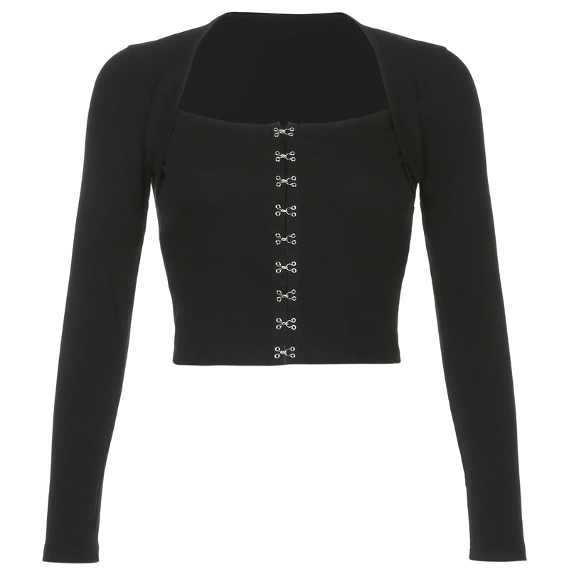 Streetwear Square Neck Hook Cotton Aututmn T-shirts Bodycon Gothic White Crop Tops Tees Long Sleeve T shirt The Clothing Company Sydney