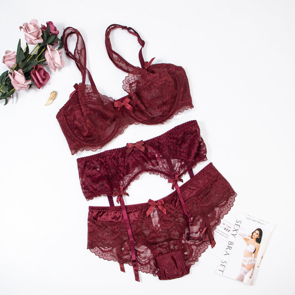Ultra-Thin Gathered Plus Size Bowknot Floral Underwear Lace Strap Bra + Panties + Garte 3 Piece set The Clothing Company Sydney