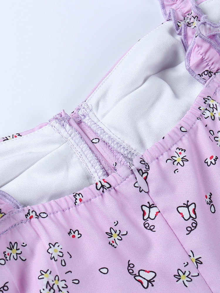 Ruffle Mini Dresses Floral Print Purple Button Sleeveless Y2K Women Casual Fashion Elegant Party Dresses The Clothing Company Sydney