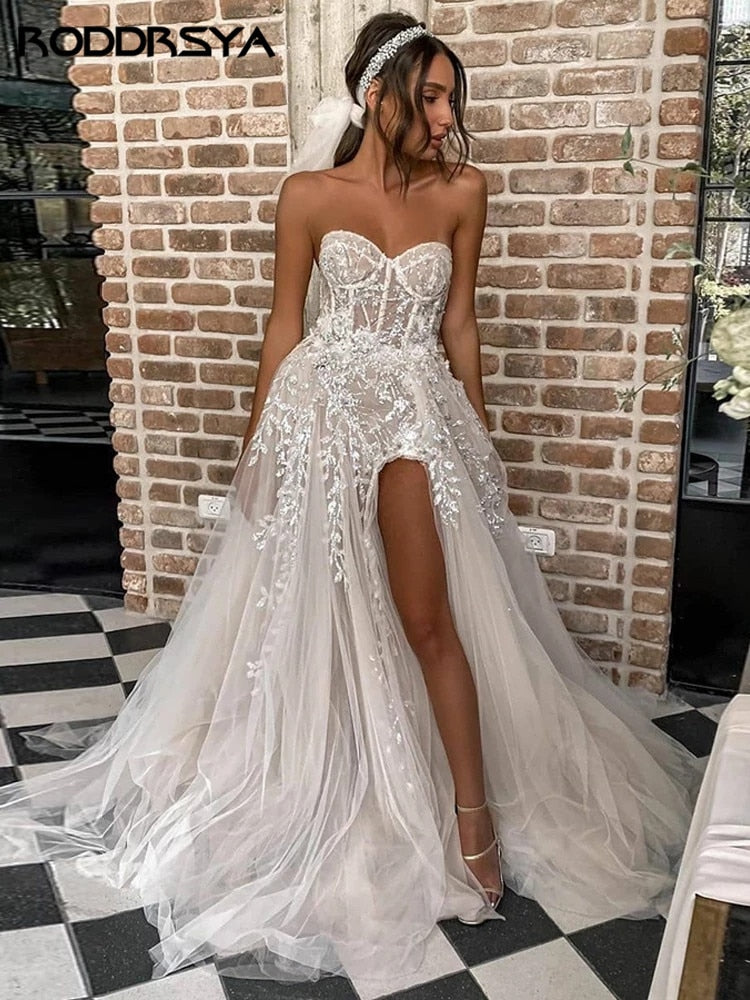Beach Wedding Dresses For Bride Elegant Lace Boho Wedding Gowns Strapless Sleeveless High Split Princess Dresses The Clothing Company Sydney