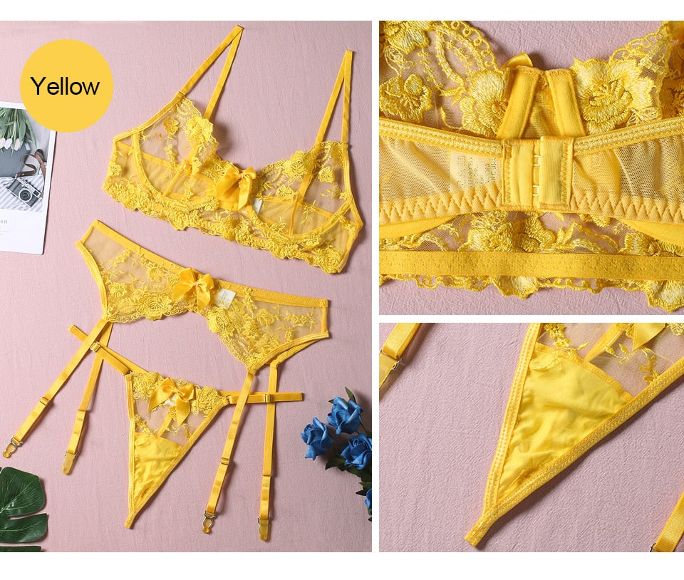 Floral Embroidery Thin Transparent Bralette Lace Push Up Bra Garters 3 Piece Sensual Lingerie Set The Clothing Company Sydney