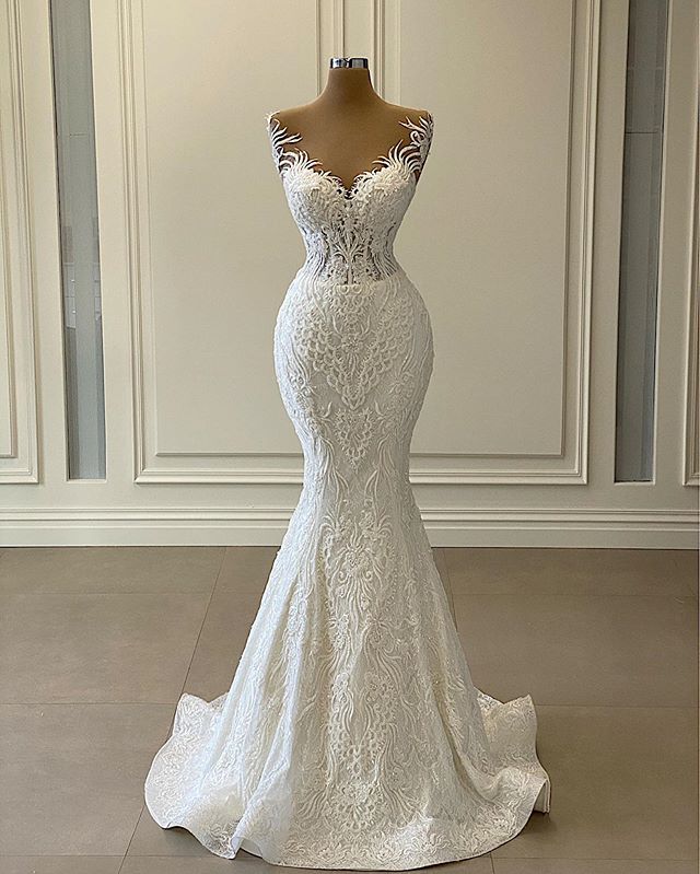 Luxury 3D Lace Mermaid Wedding Dress Romantic Beads Tulle Neck Wedding Bridal Gowns The Clothing Company Sydney