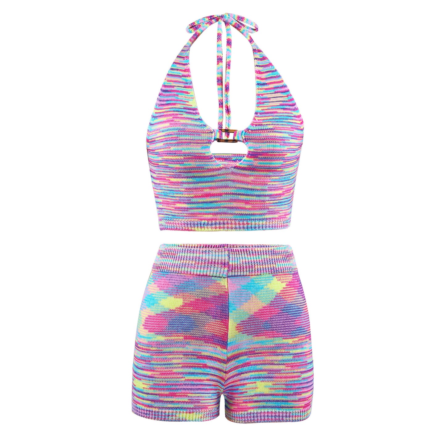 Rainbow Print Halter Cut Out Crop Top and Shorts 2 Piece Matching Set Club Fashion Outfits Loungewear Set The Clothing Company Sydney