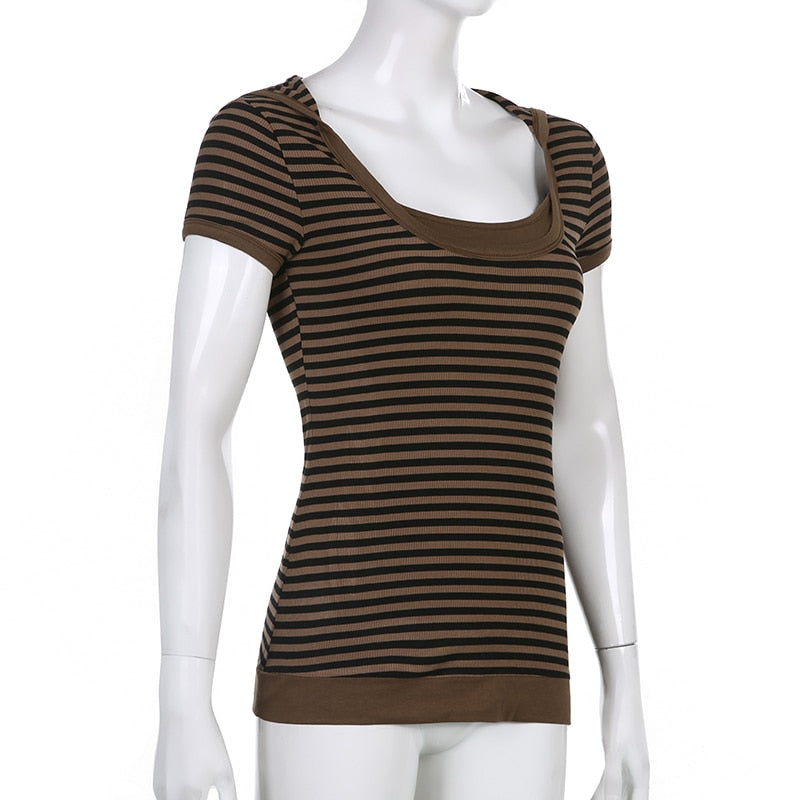 Y2K Striped Crop Top Hooded Short Sleeve T Shirt Women's Cute Retro Brown Summer Tee Casual Tshirt The Clothing Company Sydney