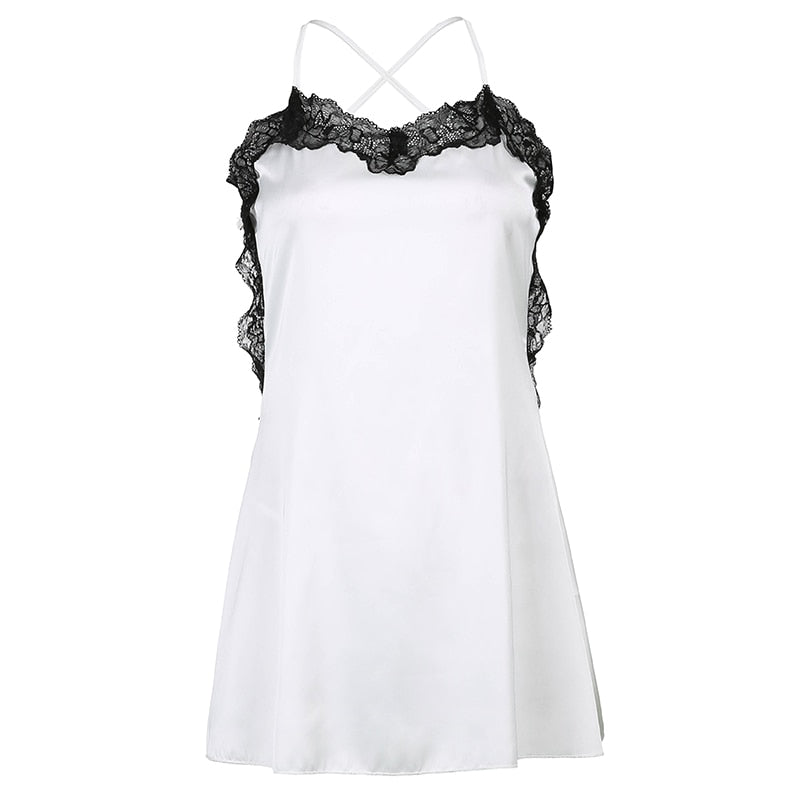 V Neck Lace Trim A-Line Satin White Dress Fashion Strap Mini Summer Dress Backless Party Dresses The Clothing Company Sydney