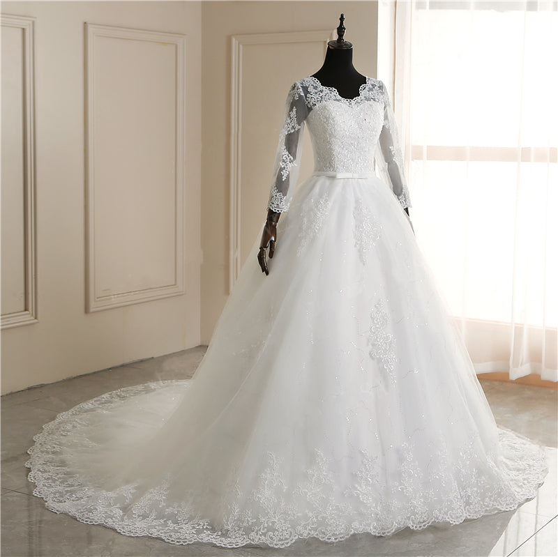 Spring Lace Appliques Wedding Dresses Long Sleeve White V-Neck Princess Bride Wedding Gowns Plus Size The Clothing Company Sydney