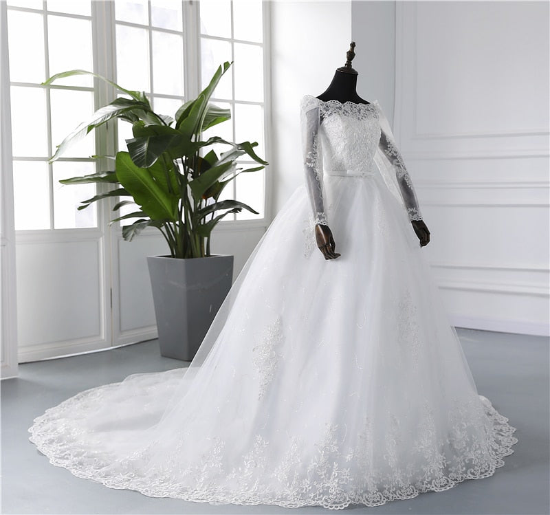 Spring Lace Appliques Wedding Dresses Long Sleeve White V-Neck Princess Bride Wedding Gowns Plus Size The Clothing Company Sydney