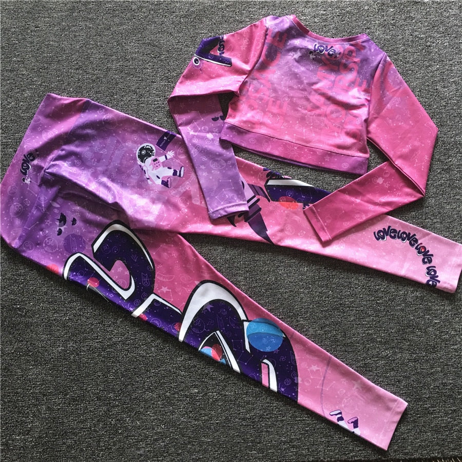 Cartoon Print Pink Two 2 Piece Long Sleeve Crop Top T Shirt Sport Pant Sportsuit Workout Active Outfit Fitness Gym Sport Sets The Clothing Company Sydney