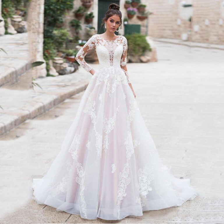 Boho A-line Wedding Dresses Pink Long Sleeves Lace Appliques Tull Bridal Dress Wedding Gown The Clothing Company Sydney