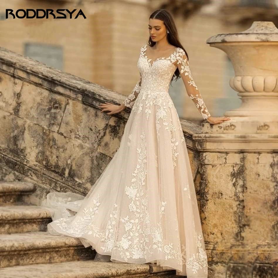Elegant O-Neck Wedding Lace A-Line Boho Long Sleeves Wedding Bride Gowns Dress The Clothing Company Sydney