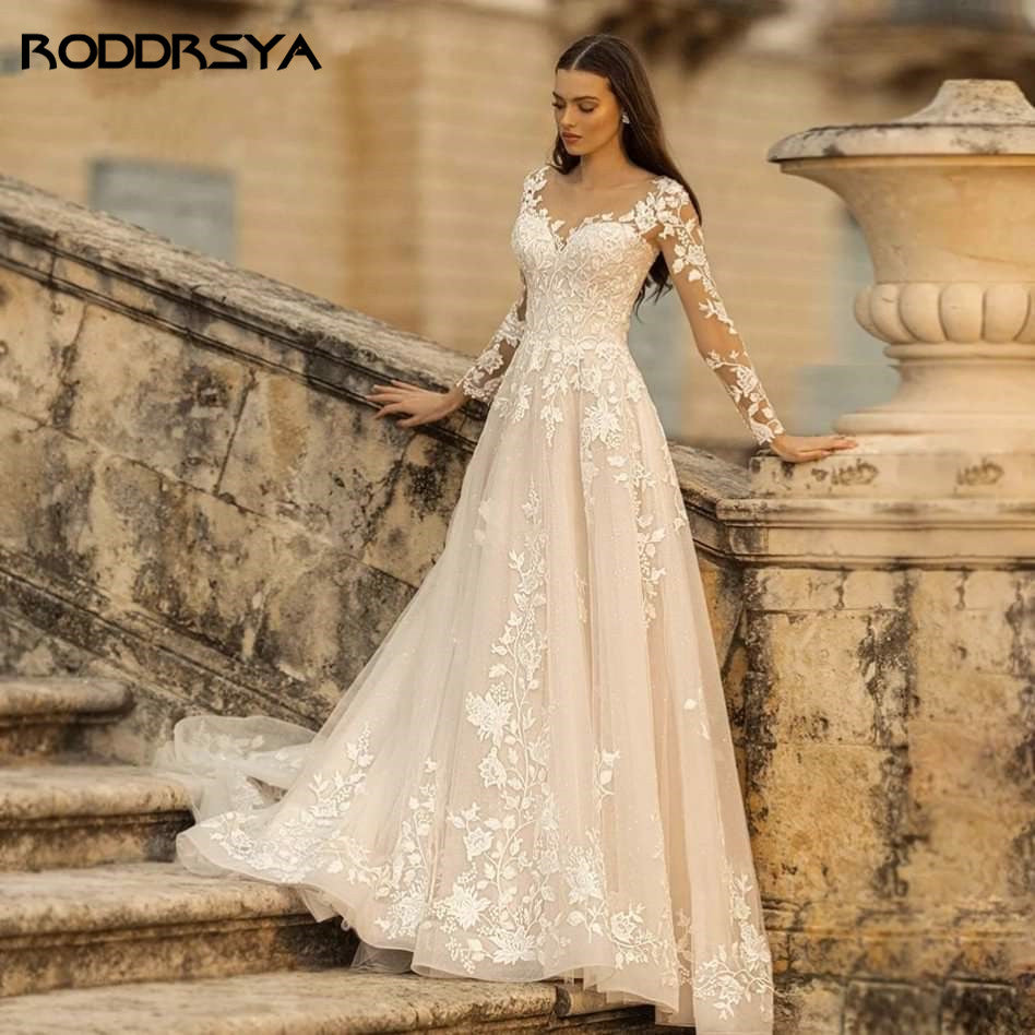 Elegant O-Neck Wedding Lace A-Line Boho Long Sleeves Wedding Bride Gowns Dress The Clothing Company Sydney