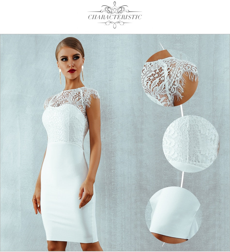 Summer White Lace Bandage Dress Black Short Sleeve Midi Hollow Out Club Celebrity Evening Party Dress The Clothing Company Sydney