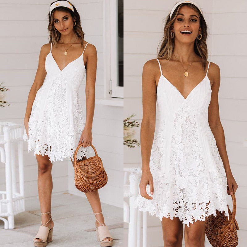 V-Neck Hollow Out Long Sleeve Mini Lace Dress Elegant White Boho Dress Casual Lace Vestido Robe Dress The Clothing Company Sydney
