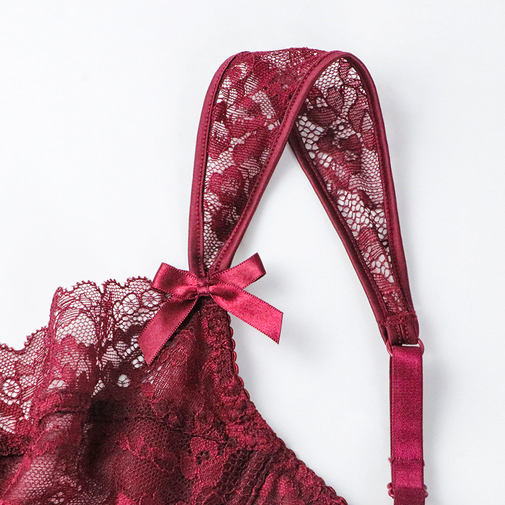 Ultra-Thin Gathered Plus Size Bowknot Floral Underwear Lace Strap Bra + Panties + Garte 3 Piece set The Clothing Company Sydney