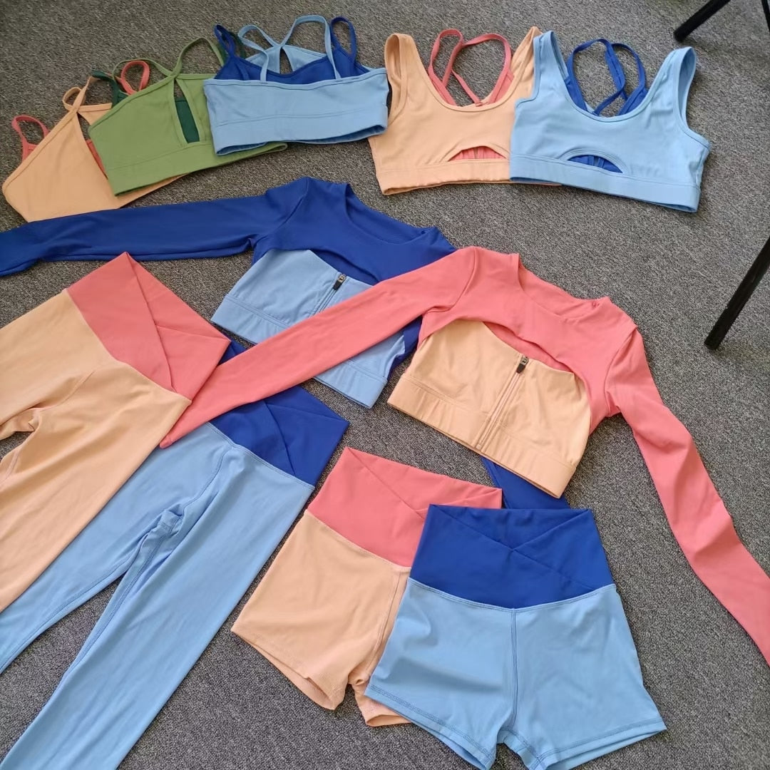 Layered Look Long Sleeve Yoga Crop Top Wrap V Waist Leggings Layered Cut Out Sports Bra Contrast Waist Shorts The Clothing Company Sydney