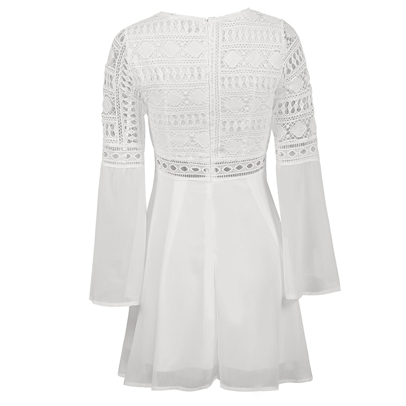 V-Neck Hollow Out Long Sleeve Mini Lace Dress Elegant White Boho Dress Casual Lace Vestido Robe Dress The Clothing Company Sydney