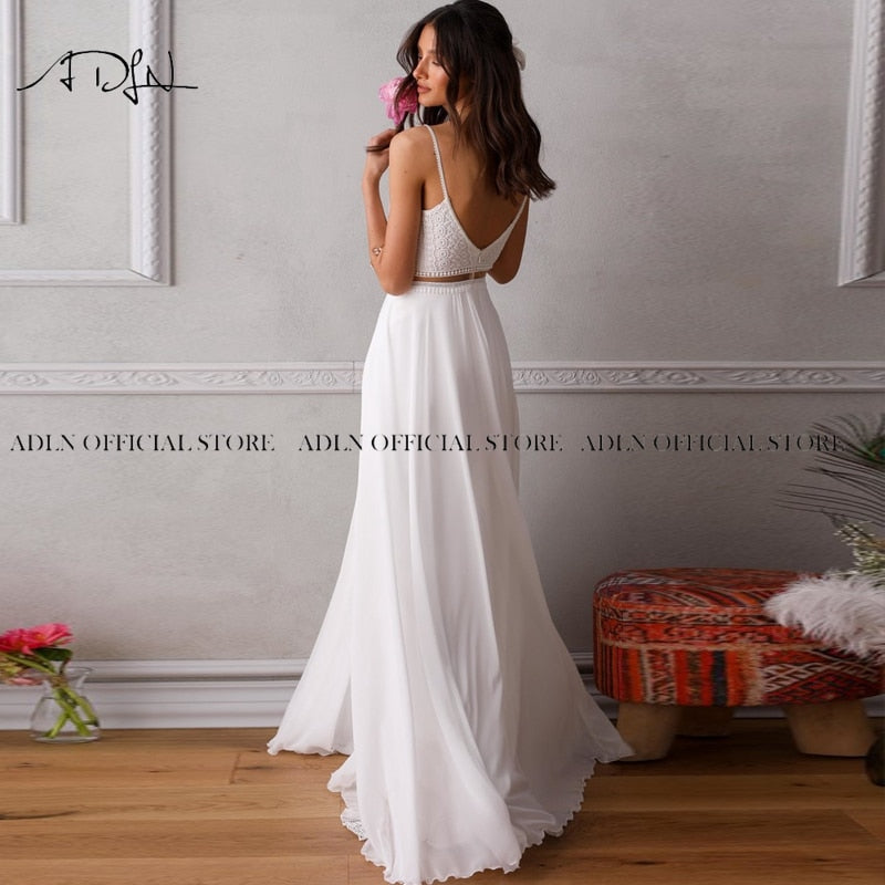 Charming Two Piece Boho Spaghetti Straps White/Ivory Chiffon Beach Bridal Gown Wedding Dress The Clothing Company Sydney