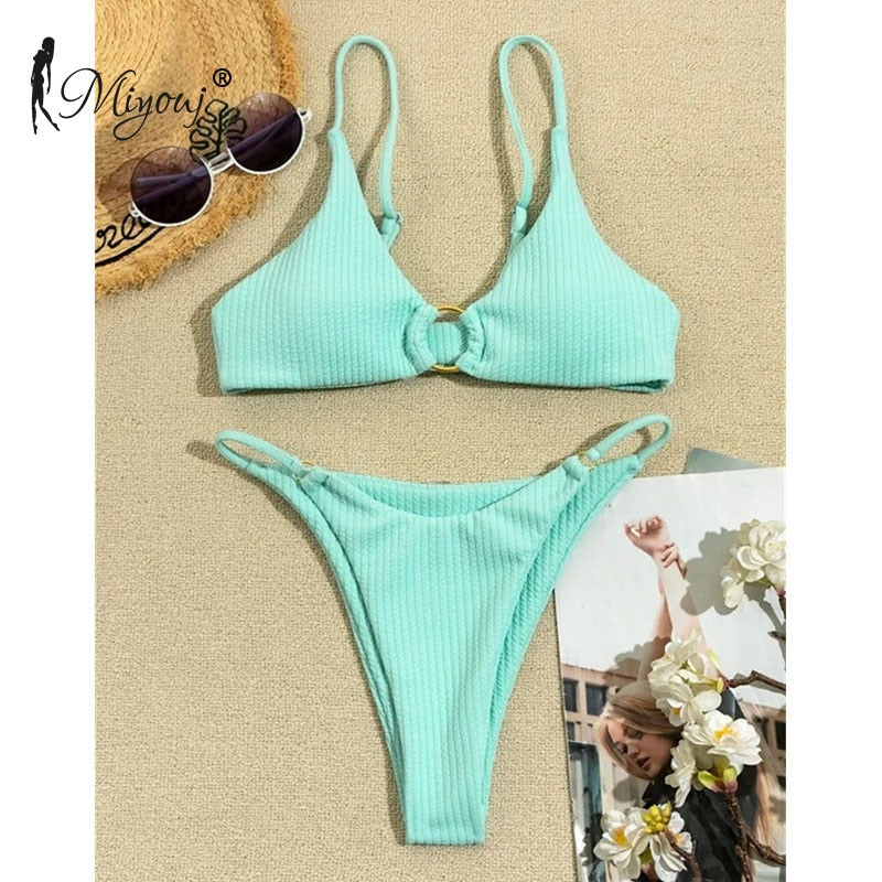 High Cut Rib Swimwear Solid Beachwear Bathing Suits Rings Bikini Sets Hollow Out Swimsuit The Clothing Company Sydney
