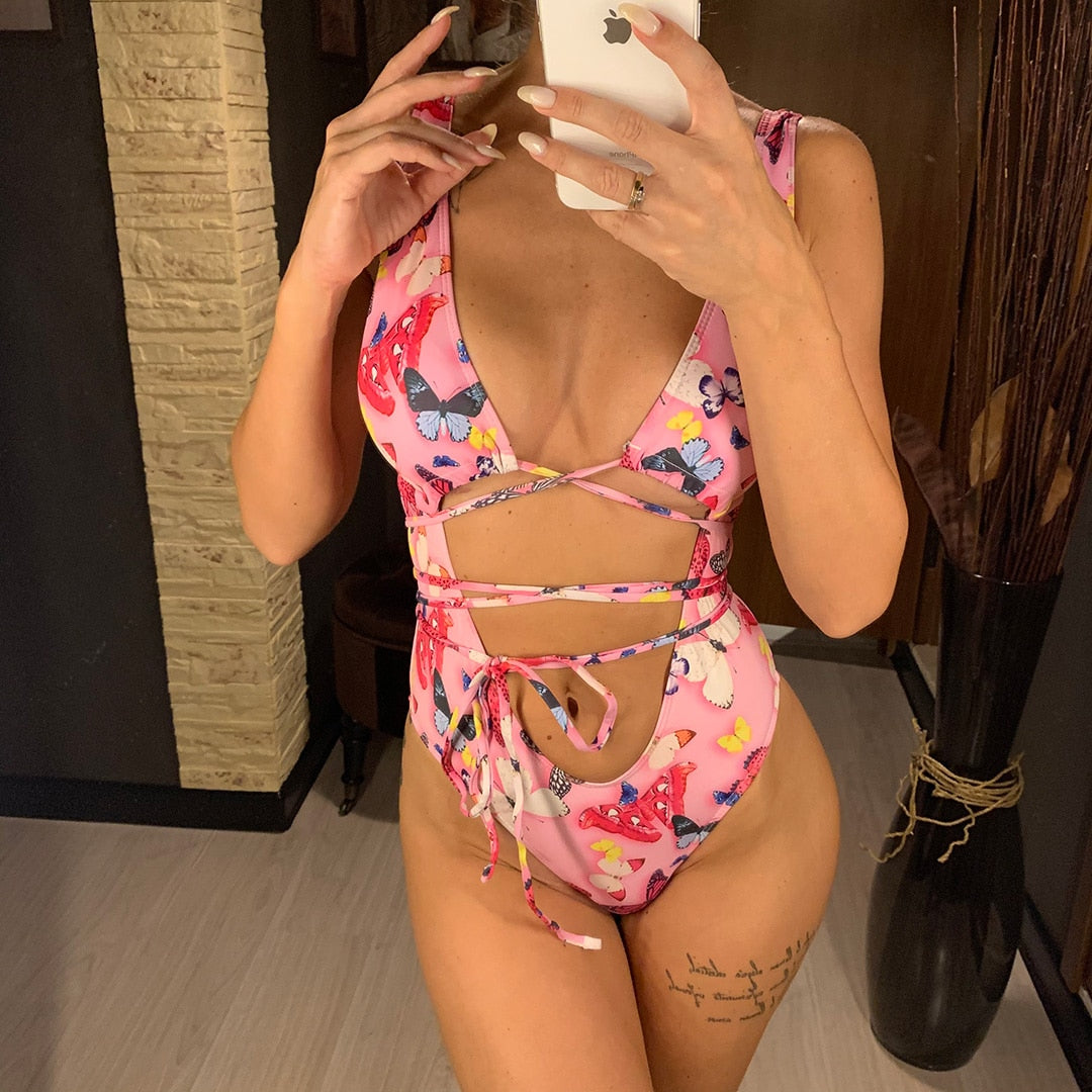 Bandage Wrap Around Tummy Cut Out Deep V Monokini One Piece Swimsuit Swimwear Bather Bathing Suit