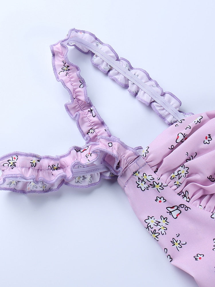 Ruffle Mini Dresses Floral Print Purple Button Sleeveless Y2K Women Casual Fashion Elegant Party Dresses The Clothing Company Sydney