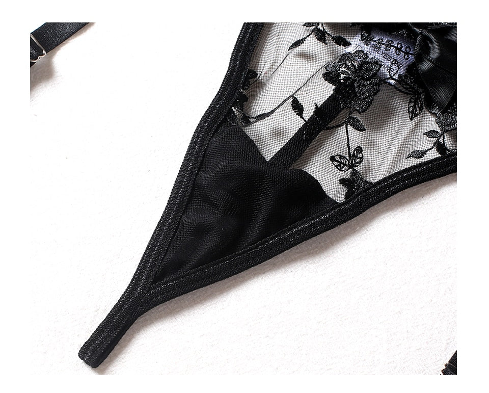 Floral Embroidery Thin Transparent Bralette Lace Push Up Bra Garters 3 Piece Sensual Lingerie Set The Clothing Company Sydney