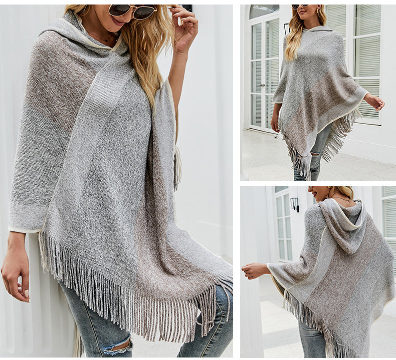 Autumn Winter Women Sweaters Poncho Knitting Capes Cloak Sweater V-Neck Irregular Hem Tassels Coat Color-block Knitted Pullover The Clothing Company Sydney