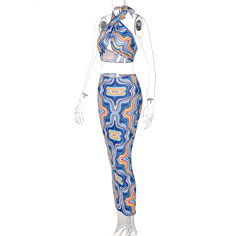 2 Piece Print Halter Cut Out Crop Top Dress Sets Fashion Outfit Summer Top and Skirts Matching Set Club Party Dress The Clothing Company Sydney