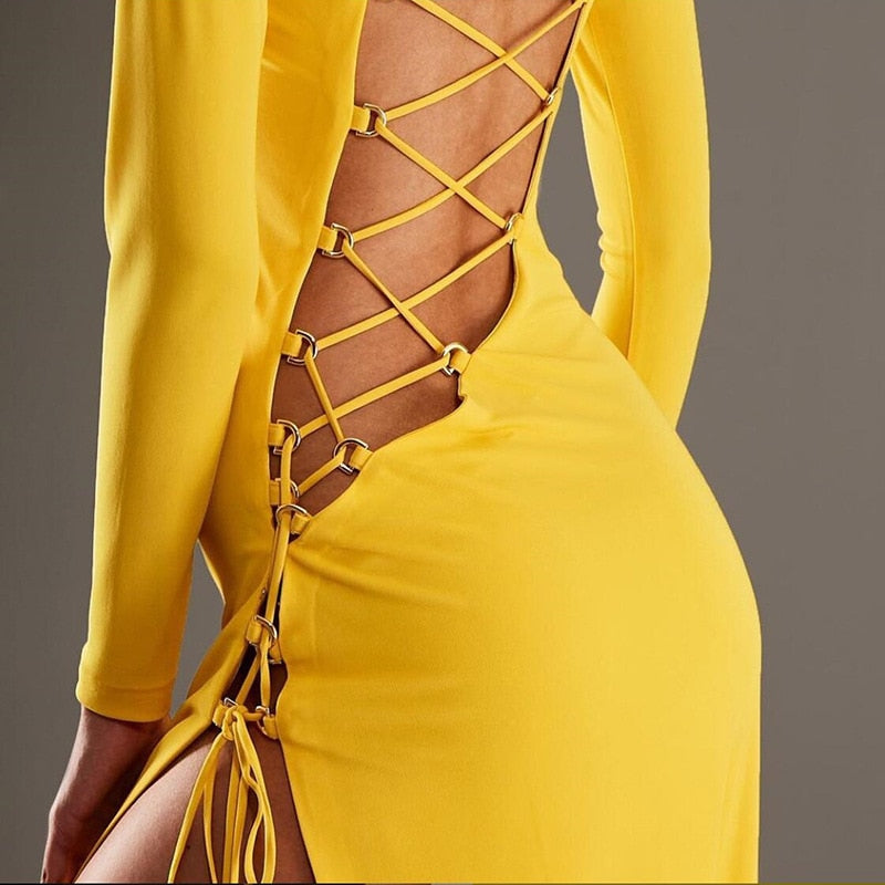 Fashion Bandage Long Sleeve Sexy Backless Maxi Elegant Club Party Split Dresses The Clothing Company Sydney
