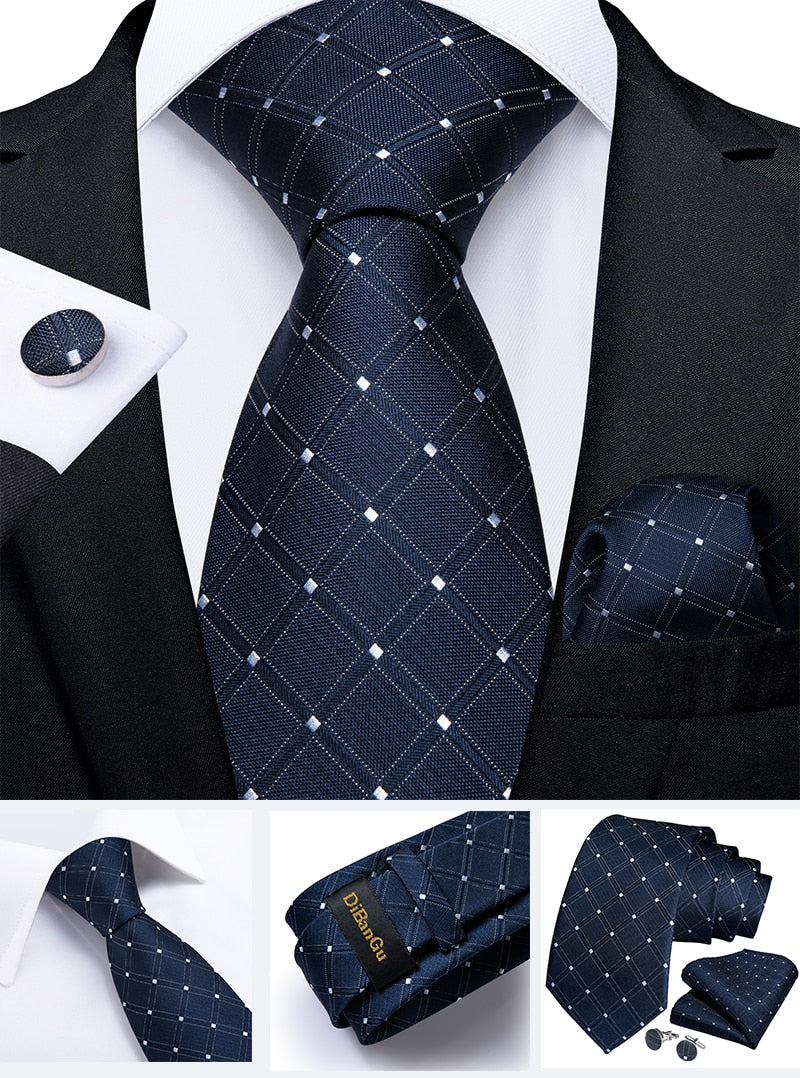 Classic 100% Silk Men's Ties 8cm Blue Plaid Dot Striped Business Necktie Handkerchief Wedding Party Tie Set The Clothing Company Sydney